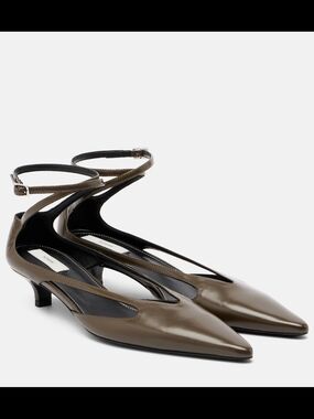 Toteme Pointed Ankle-Strap Kitten Heels in Olive